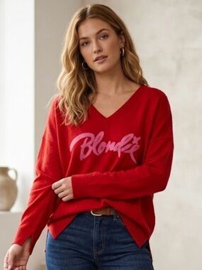 MKT Studio Blondie Red V-neck Sweater 100% Merino Wools